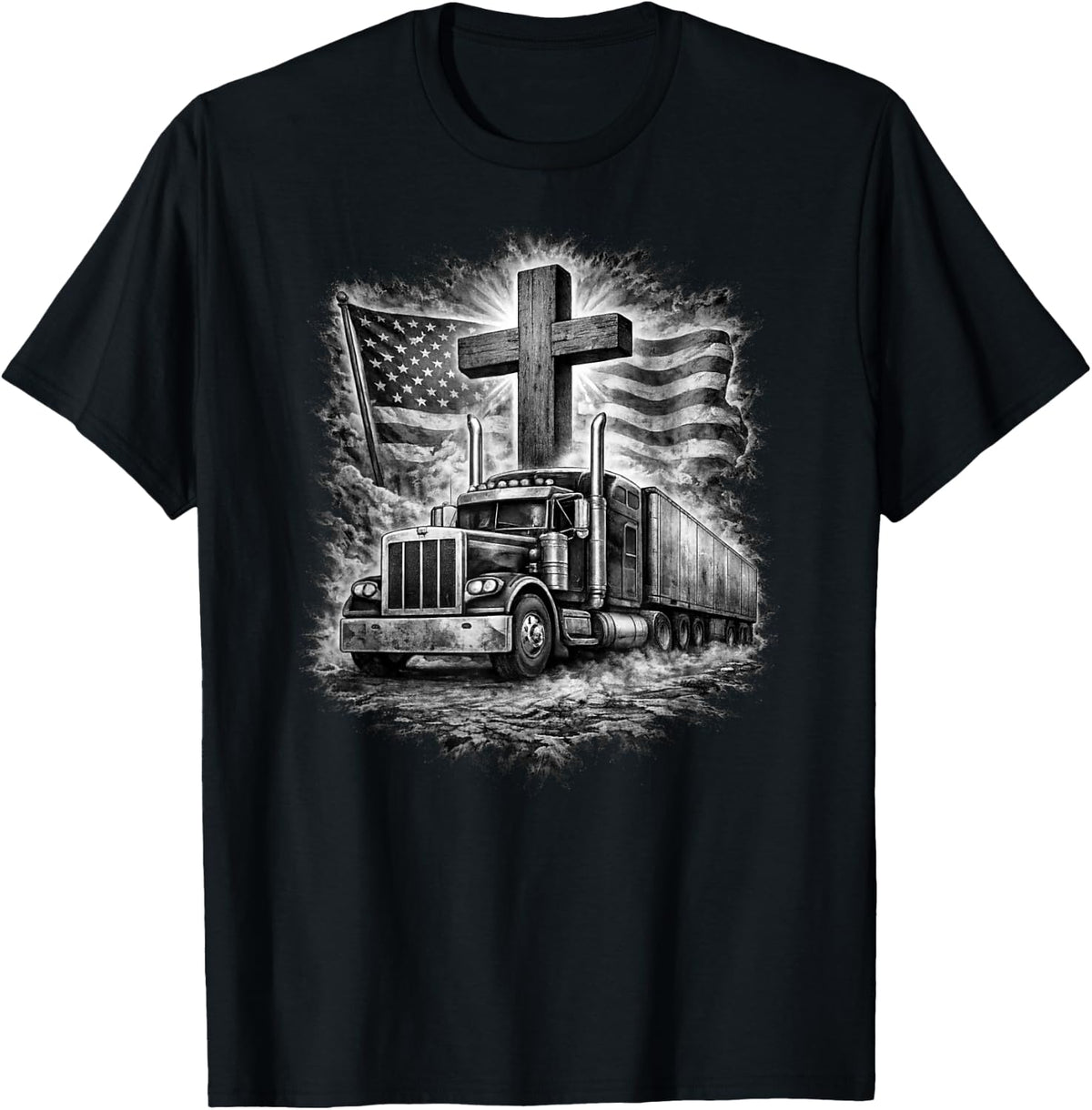 Trucker Patriotic American Flag Christian Cross Semi Truck T-Shirt