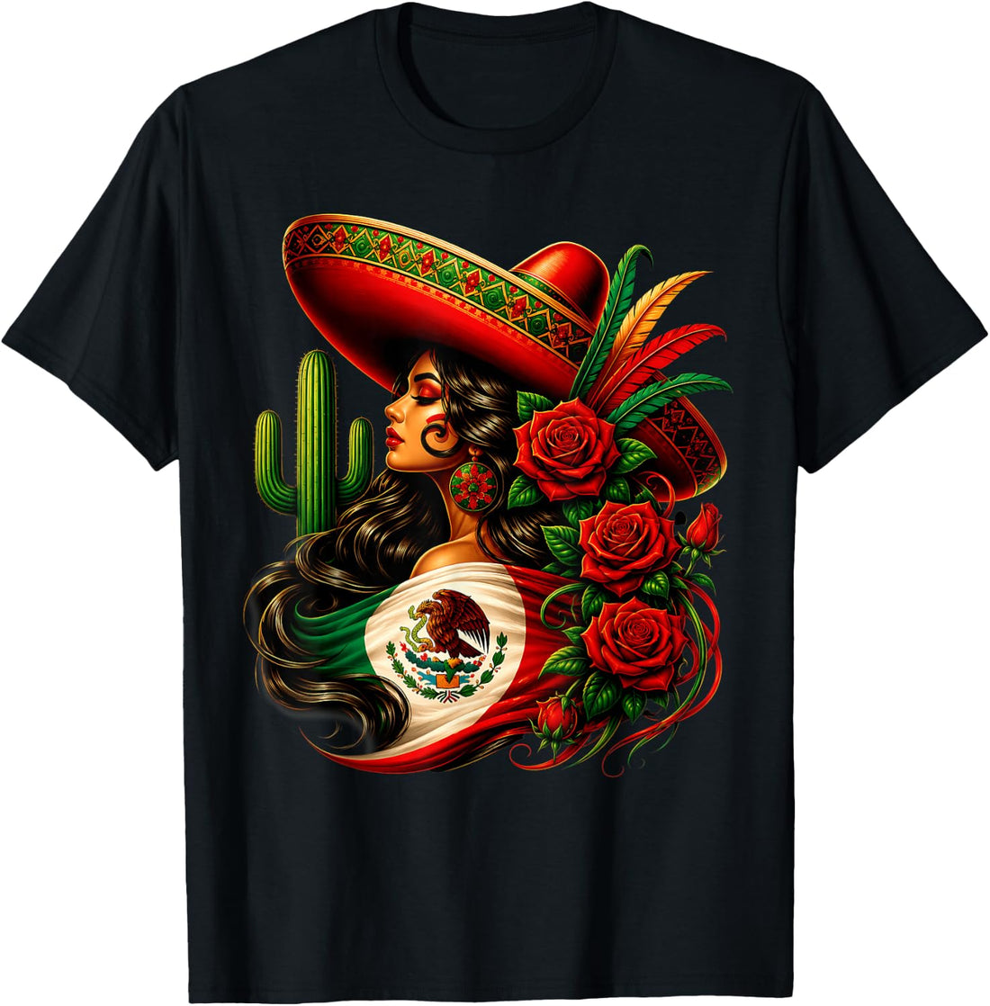 Viva Mexico Mexican Flag Floral Woman Sombrero Fiesta T-Shirt