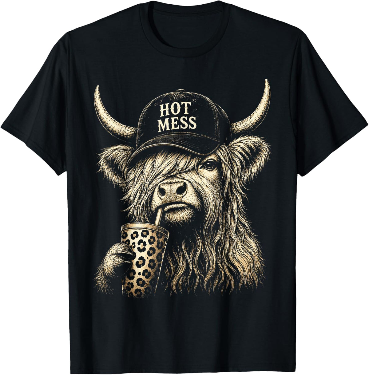 Hot Mess Highland Cow Funny Cute Coffee Lover Graphic T-Shirt