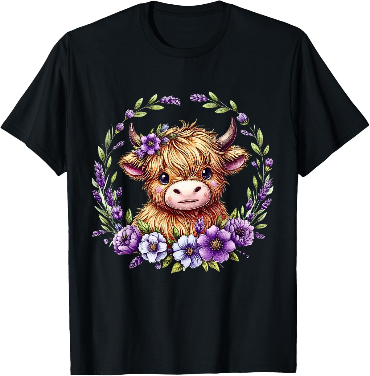 Baby Highland Cow with Purple Flowers Scottish Farm T-Shirt