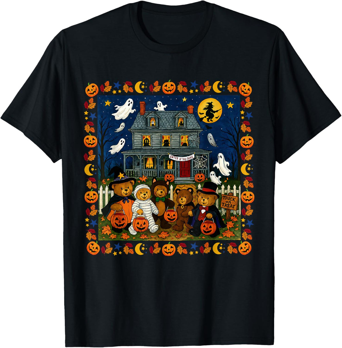 Cute Funny Mummy Ghosts Trick-or-Treat Bears Haunted House T-Shirt