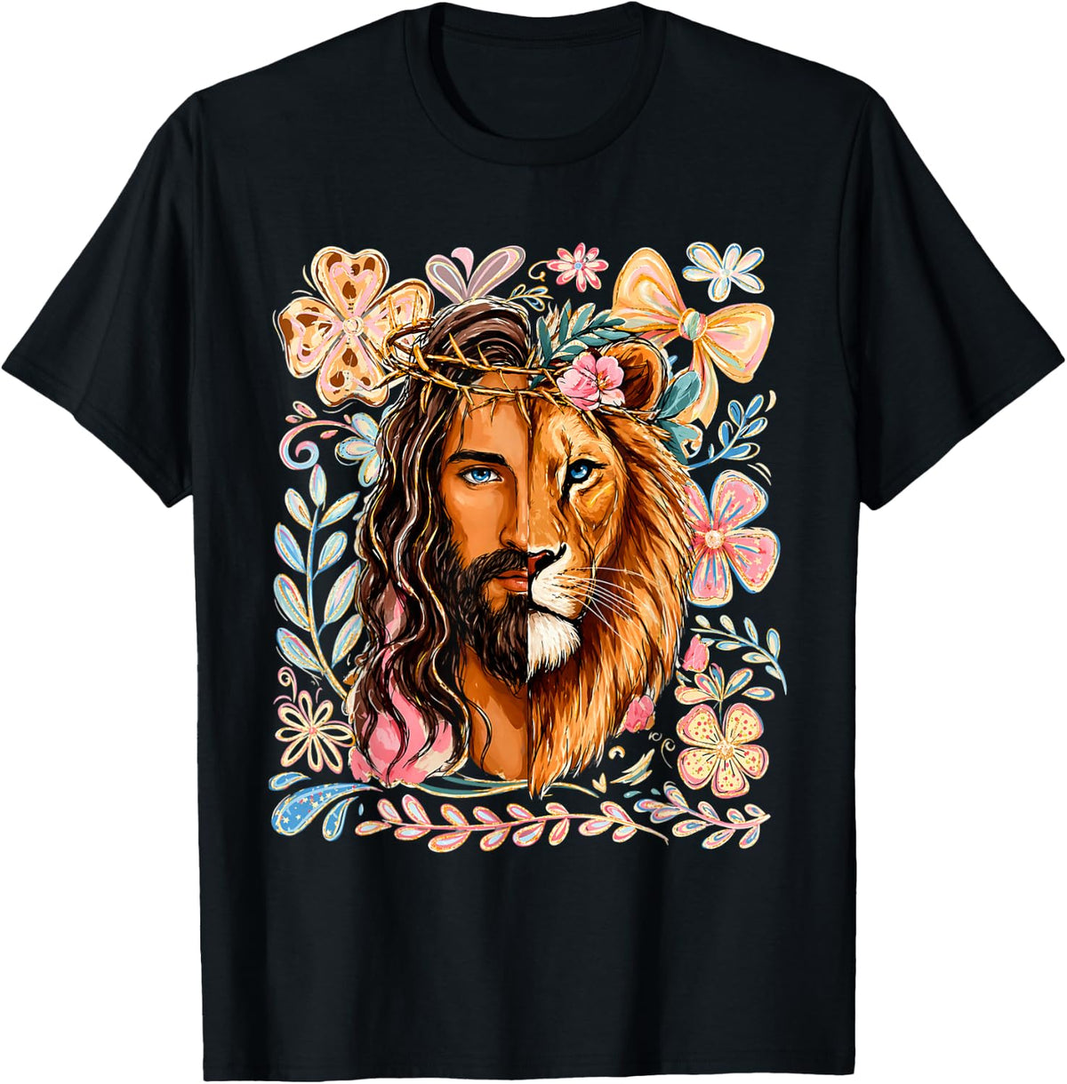 Lion of Judah Floral Christian Faith Portrait Art T-Shirt