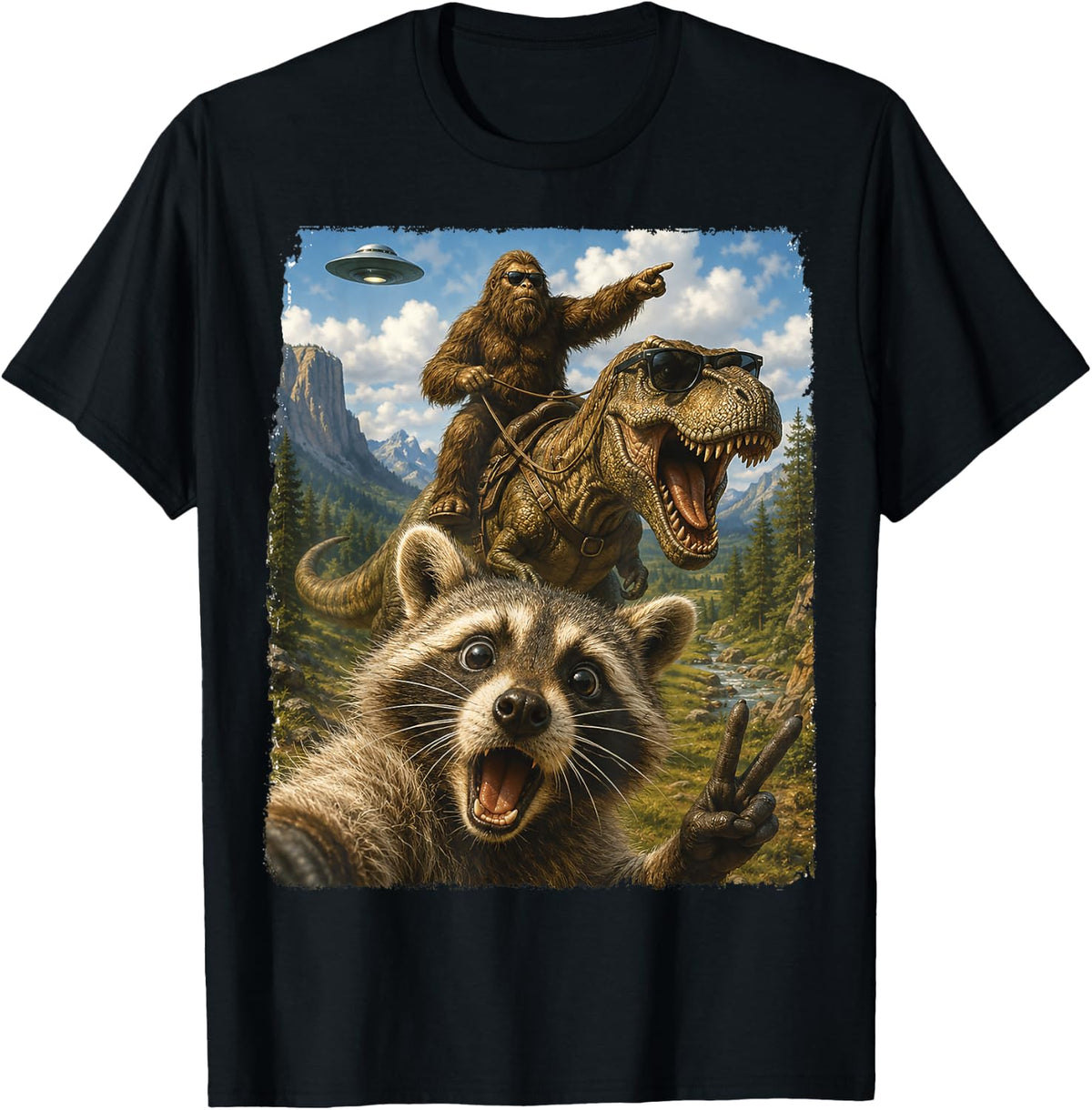 Raccoon Selfie Bigfoot T Rex UFO Funny Gifts Men Women Kid T-Shirt