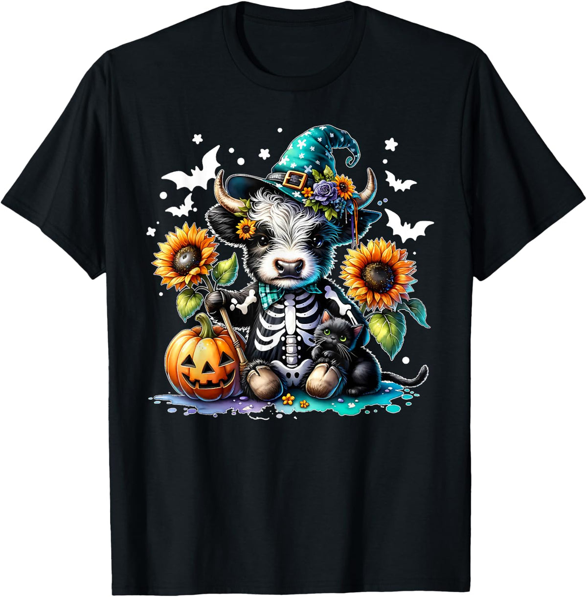 Highland Cow Witch Skeleton Halloween Sunflower Pumpkin Fall T-Shirt