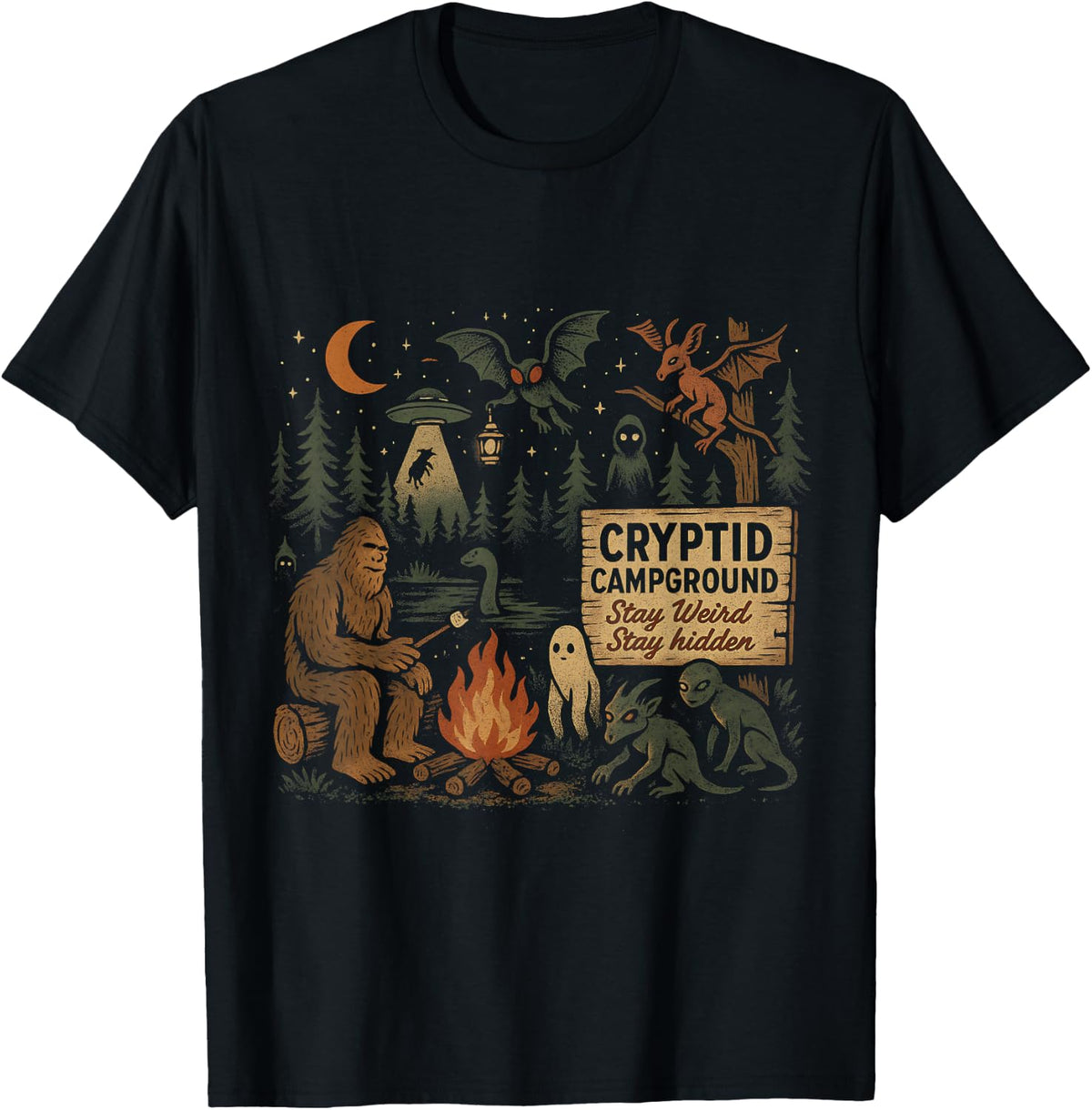 Cryptid Campground Bigfoot Mothman Aliens Loch Ness Monster T-Shirt