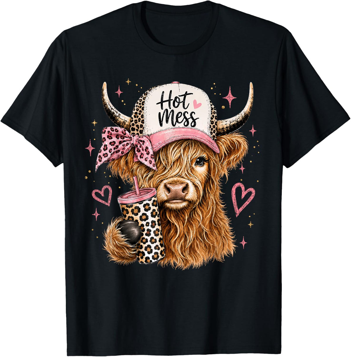Hot Mess Leopard Highland Cow Coffee Farm Animal Lover T-Shirt
