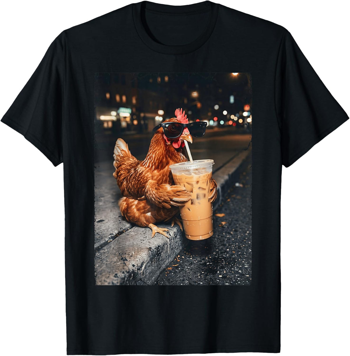 Iced Coffee Chick Hen Rooster Night City Cool Chicken T-Shirt