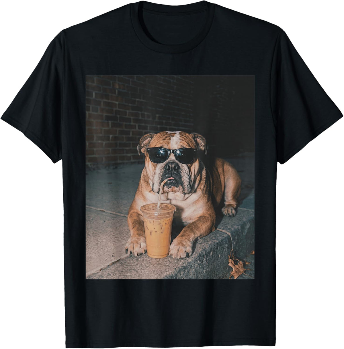 English Bulldog Drinking Iced Coffee Funny Animal T-Shirt