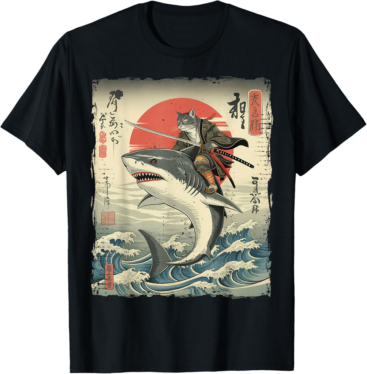 Funny Cat Riding Shark Japanese Ukiyo-e Art Samurai Cat T-Shirt