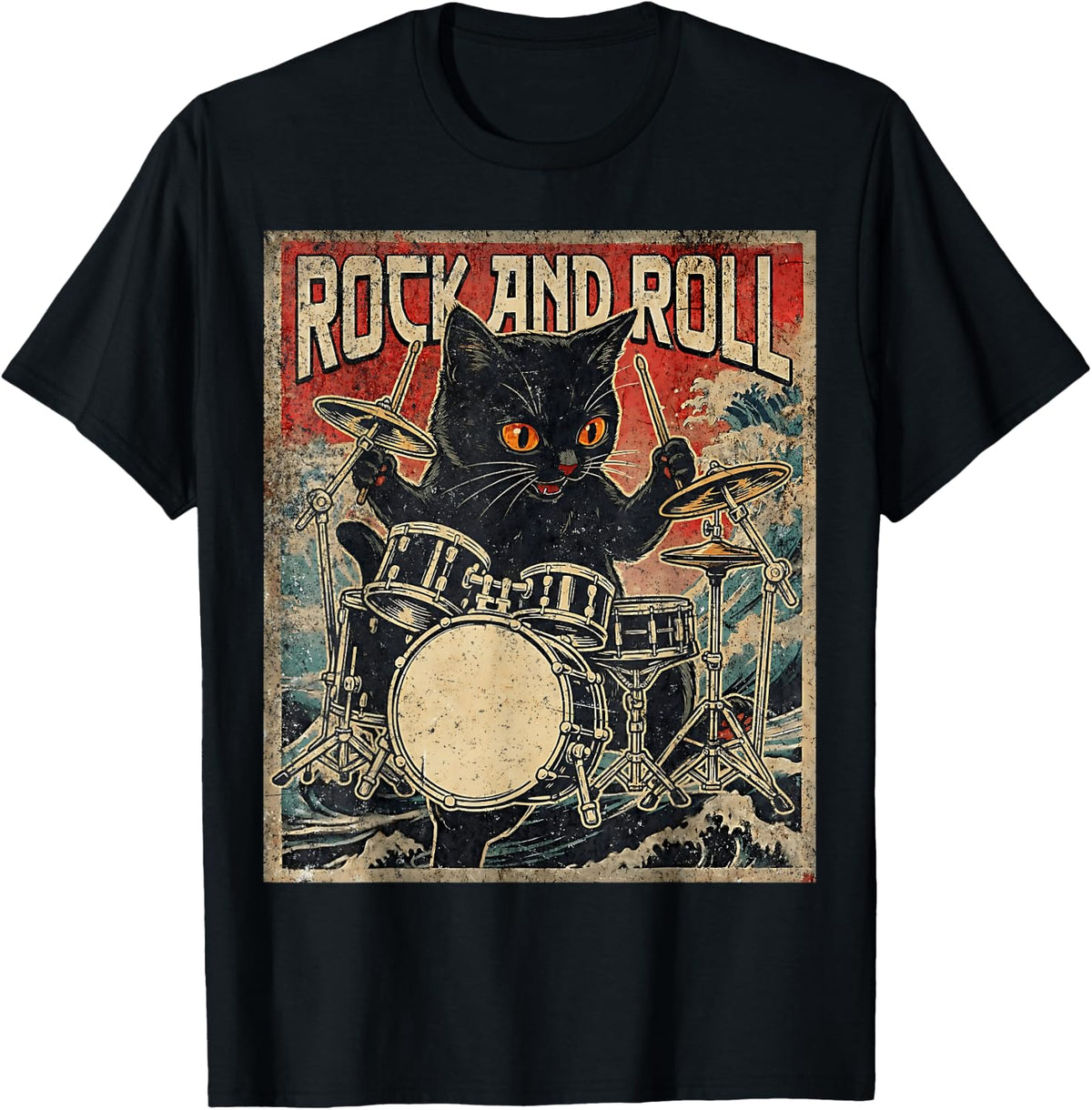 Cat Playing Drums Rock On Vintage Rock Drummer Cat T-Shirt