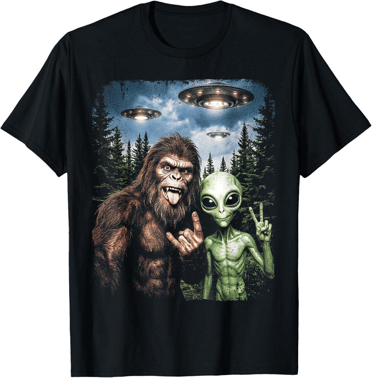 Funny Bigfoot Alien Selfie Rock On Peace Sign UFO Sasquatch Tees T Shirts for Men and Women
