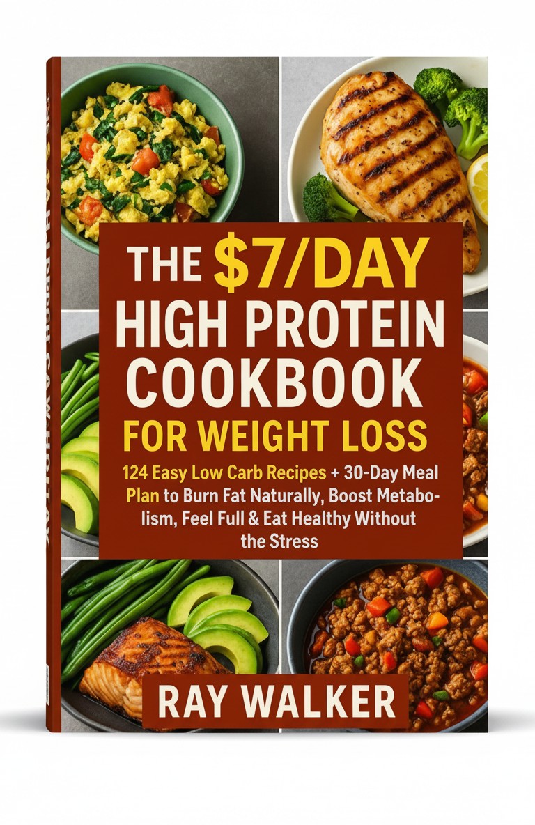 the $7/DAY HIGH PROTEIN COOKBOOK FOR WEIGHT LOSS: 124 Easy Low Carb Recipes + 30-Day Meal Plan to Burn Fat Naturally, Boost Metabolism, Feel Full & Eat Healthy Without the Stress by Ray Walker